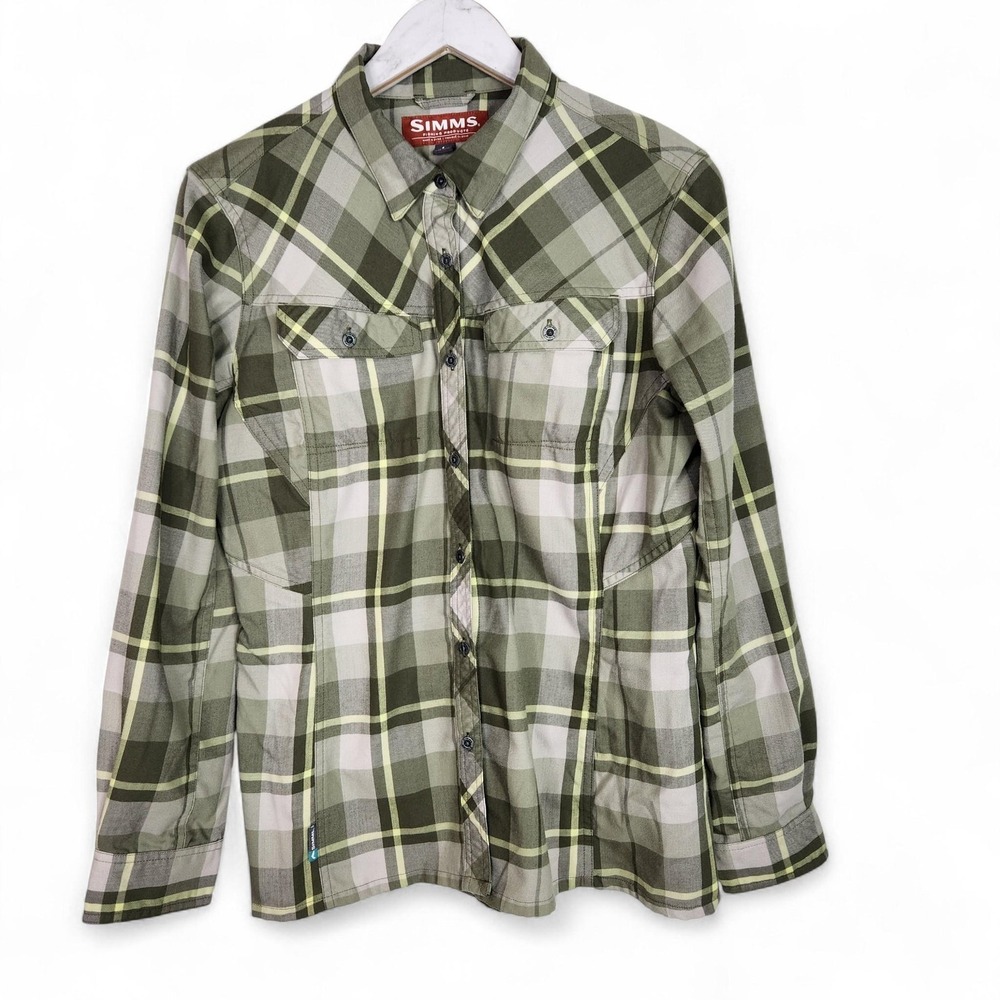 SIMMS Shirt‎ Womens Large Green Plaid Wool Blend Button Down Long Sleeve Fishing